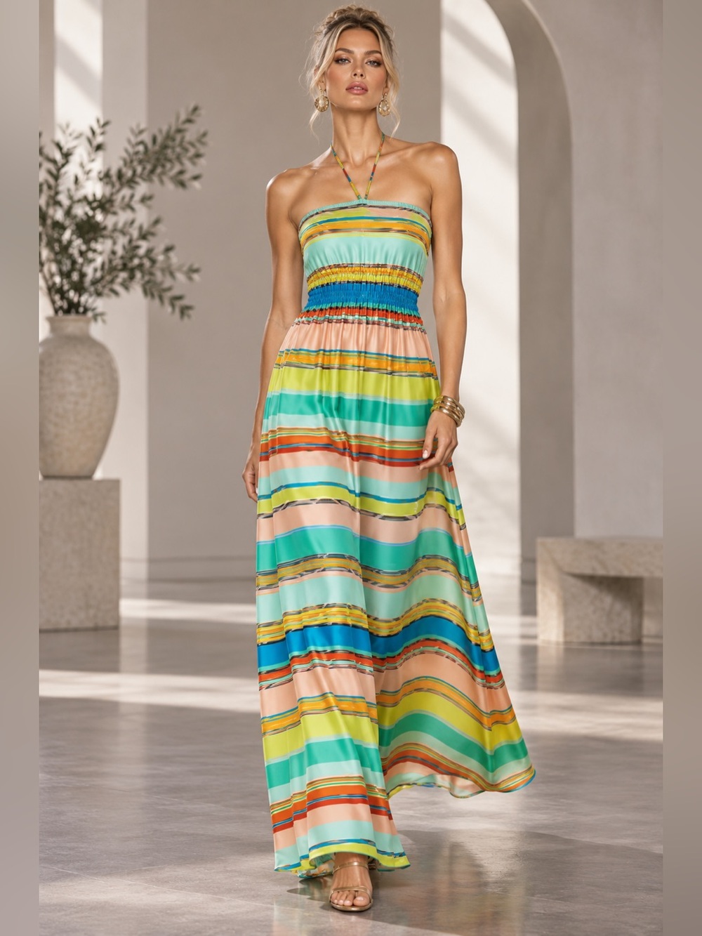 Ann Taylor Sz 8 Satin Finish Striped Halter Strapless Maxi Dress Multicolor